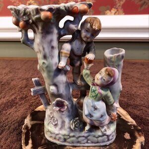 Cream & Light Green Porcelain Children & Fruit Tree Figurine Vase